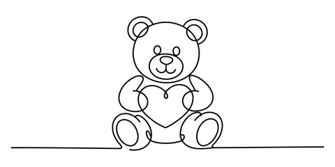 A lovely continuous one line drawing of a sitting teddy bear holding a heart Vector, illustration