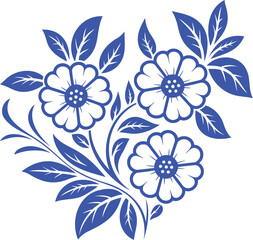 Fototapeta premium Blue floral ornament with three flowers and leaves