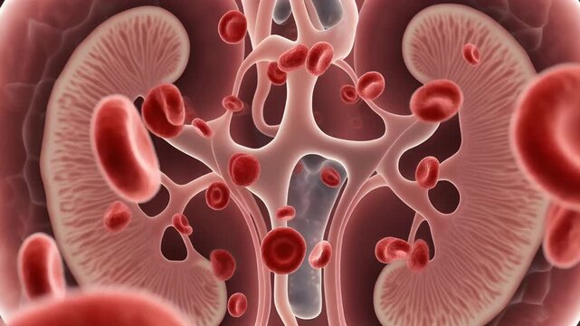 Pair of kidneys displaying blood vessels and red blood cells, suitable for medical textbooks, educational materials, and healthcare websites.