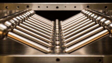 A series of metal connecting rods forming a geometric rotating structure. safety posters, maintenance manuals, designed for industrial assembly lines and welding operations.