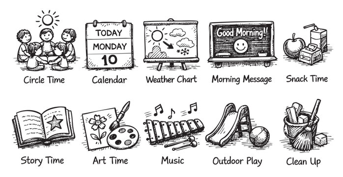 Black and white doodle style illustration showing daily routine activities for young children in kindergarten. Icons include circle time, calendar, art, music, and outdoor play.
