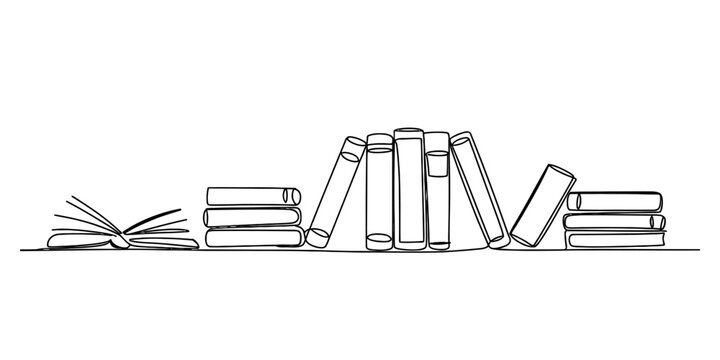Continuous line drawing of books on a shelf with one book open in a minimalist style Vector, illustration
