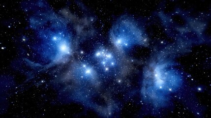 Wide view of Pleiades star cluster in winter night sky, faint blue-white glow, captured with long exposure. STEM education sheets, astronomy visuals.