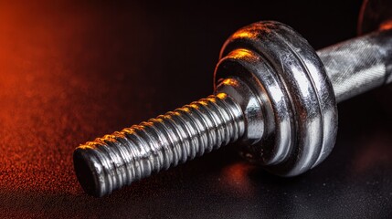 Close-up of a dumbbell on rubber flooring, reflecting metallic tones in studio light. event key visuals, club posters, designed for fitness apps and gym onboarding, supports training.