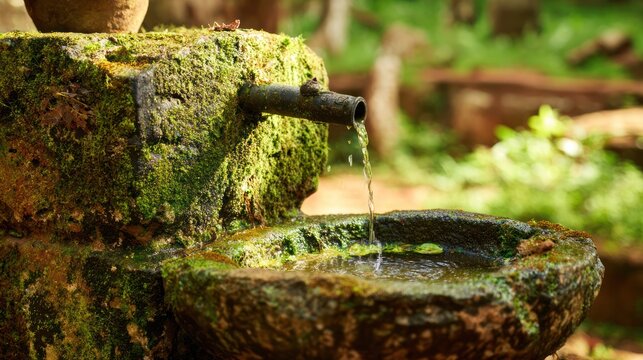 Mossy stone wellhead with flowing water spilling into basin, highlighting historic architecture and natural texture. property listings, outdoor visuals.