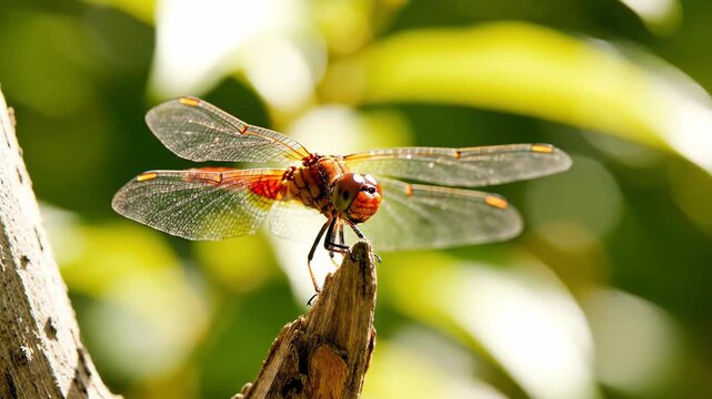 Close-up of a red dragonfly perched on a wooden branch with a blurred green background