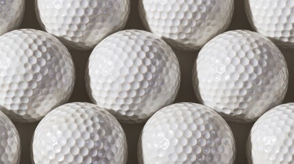Close-up of dimpled white golf balls neatly arranged, showcasing textured surfaces and precision alignment. event key visuals, club promotions.