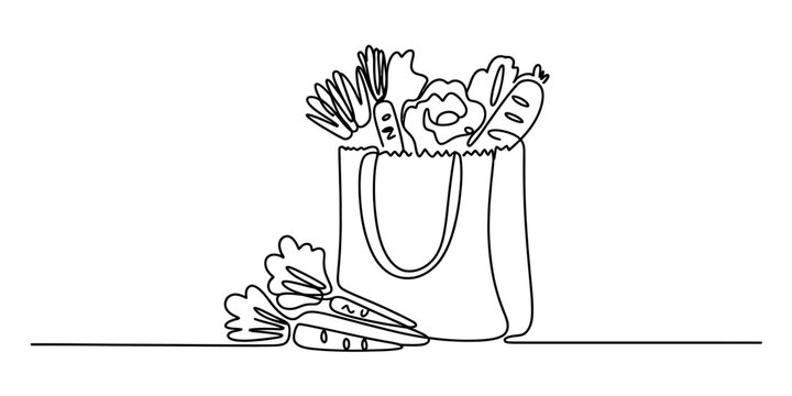 Continuous line drawing of a grocery bag with fresh vegetables on white background Vector, illustration