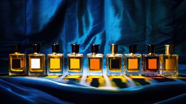 Premium perfume bottles displayed symmetrically on a smooth blue satin background. lifestyle magazines, social media lookbooks, designed for influencer and brand collaborations.