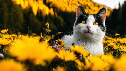 Obraz premium Cat lying in a field of bright yellow dandelions, looking forward. Golden hour light illuminating the natural setting