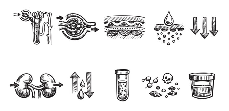 Hand-drawn illustration shows kidney function and anatomy including glomerular filtration, reabsorption, secretion, and excretion in simple diagrams ideal for educational materials.