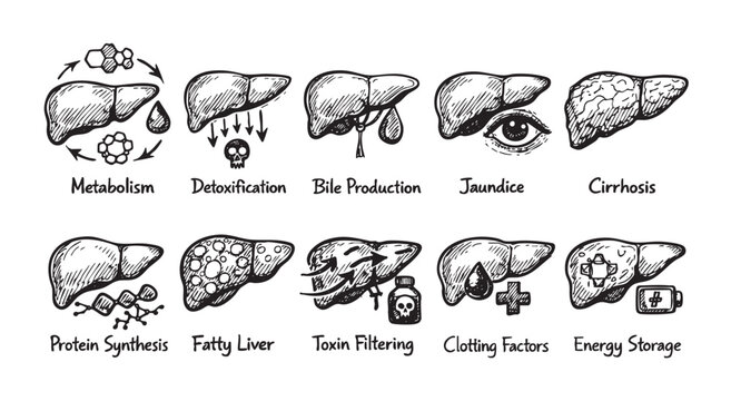 Black and white illustration depicts liver functions and diseases with hand-drawn sketches, including metabolism, detoxification, and conditions like jaundice and cirrhosis.