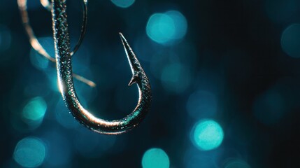 Detailed underwater shot of a metal fishing hook with light refraction in blue ocean water. wildlife photography publications.