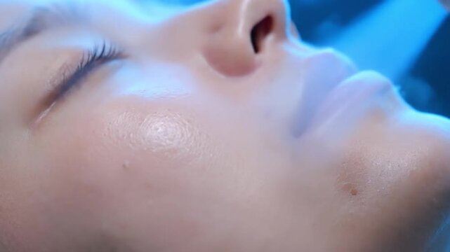 A serene woman's face is captured in a close-up shot, with her eyes closed and a subtle smile, in a video clip like My Video-8.mp4, from a top-down viewpoint