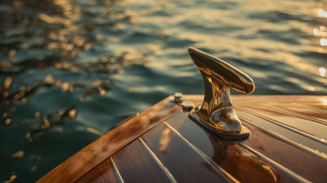 A small wooden boat's stern with a bronze tiller handle in calm golden hour light. mobility guides, transit brochures, designed for mobility and urban transit guides.