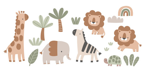 Fototapeta premium Cute Safari Animal Characters Collection for Nursery and Kids Design – Minimal Scandinavian Style Illustration