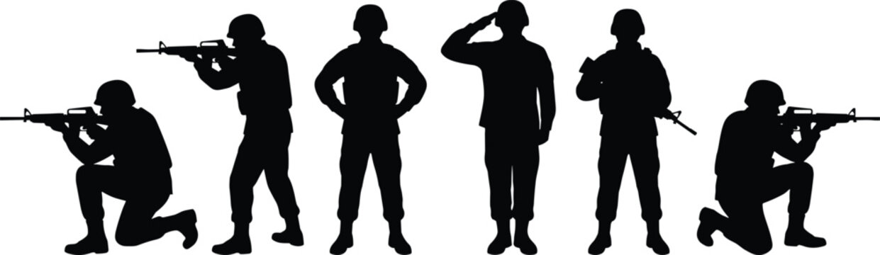 Soldier silhouette vector set featuring military poses, rifle stances, saluting gestures, kneeling positions, armed forces figures, black outlines for defense, war, and tactical design projects