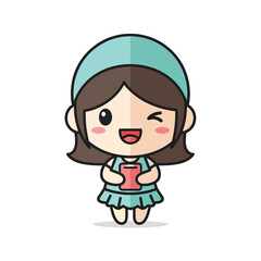 Cartoon girl holding red gift box in cute kawaii style with soft pastel colors on white background for greeting card