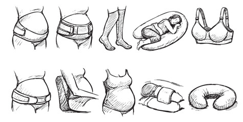Hand-drawn sketch of various pregnancy support items including belly bands, compression socks, nursing pillows and a maternity bra, on a white background.