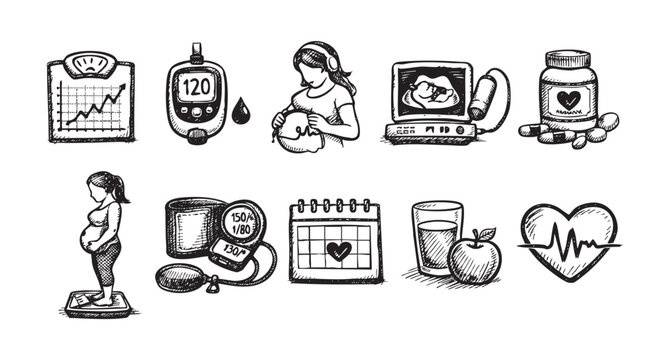 Hand-drawn sketches depicting various aspects of pregnancy health monitoring, including weight management, glucose levels, ultrasound, blood pressure and fetal heartbeat. Use this for healthcare.