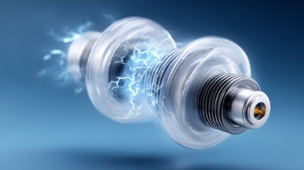 Obraz premium Digital illustration of an electric motor featuring three translucent components with light effects, highlighting interlocking gears against a blue background, showcasing advanced technology design
