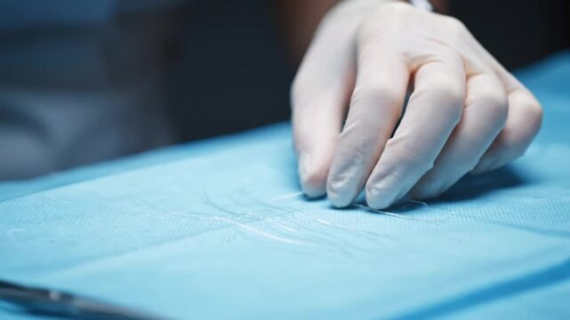 A gloved hand pressing on a blue surface with a sharp object nearby in a medical setting close-up view