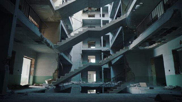 Cinematic view of zig-zagging concrete stairs inside a ruined apartment complex after a powerful earthquake. Natural light reveals debris, cracked walls, and structural failure in a city.