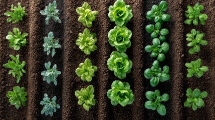 Top down view of a garden bed featuring various small leafy vegetables planted in organized rows, showcasing vibrant greens against rich brown soil texture