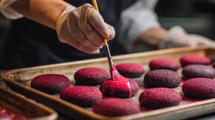 Baker applying vibrant red glaze to round pastries on a baking tray, with additional pastries in the background and a kitchen setting visible
