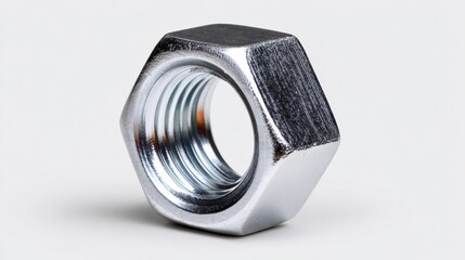 Shiny metal hex nut with detailed threading and polished surface, isolated on a transparent background, showcasing high resolution and clarity for industrial applications