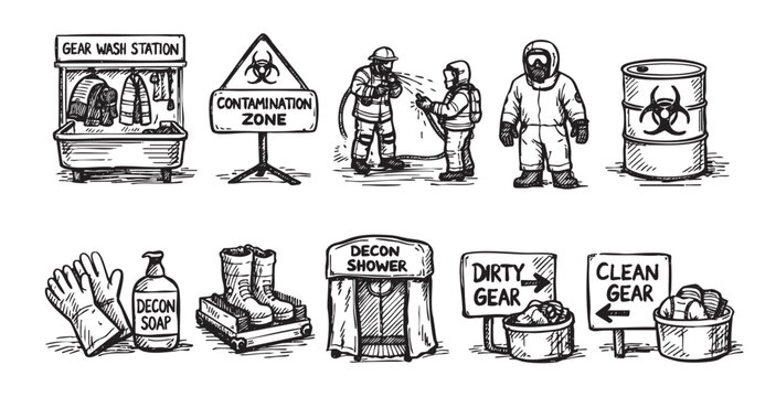 Illustration shows sketched decontamination procedures, gear wash station, hazmat suits, decontamination showers, and clean and dirty gear signs. Ideal for medical, emergency, and educational resource