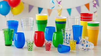 Colorful plastic cups on table.