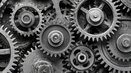 Close-up view of various metal gears and cogs arranged in an intricate pattern showcasing their mechanical design and functionality in a monochrome style