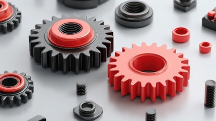 Red and black mechanical gears and nuts arranged on a gray surface, showcasing various sizes and shapes of industrial components for engineering and manufacturing applications