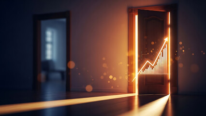 Open door with glowing financial growth chart
