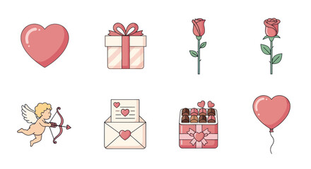 Valentine's Day Icons: Heart, Rose, Cupid, Gift Box, Love Letter, Chocolate, Balloon