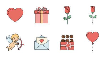Valentine's Day Icons: Heart, Rose, Cupid, Gift Box, Chocolate, Balloon, Love Letter
