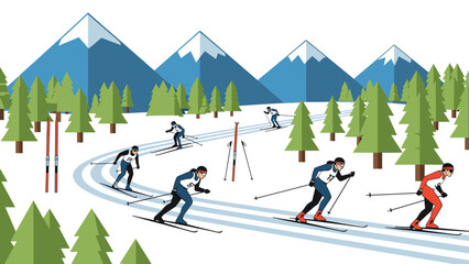 Fototapeta premium Winter race in the mountains: cross country skiing adventure with competitive athletes