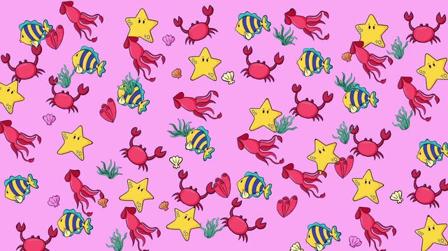 Pink background with sea life illustrations like starfish, crabs, and fish. Perfect for oceanthemed designs, posters, and educational materials.