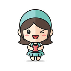 Obraz premium Cartoon girl holding red gift box in cute kawaii style with soft pastel colors on white background for greeting card design