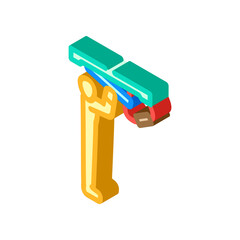 Worker lifting industrial equipment with a shoulder harness, illustrating the concept of heavy package handling, freight delivery, and logistics in an isometric vector style