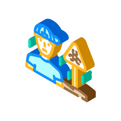 Underprivileged child standing by a road sign with a dirt or mud symbol, illustrating concepts of poverty, homelessness, and societal challenges faced by young people