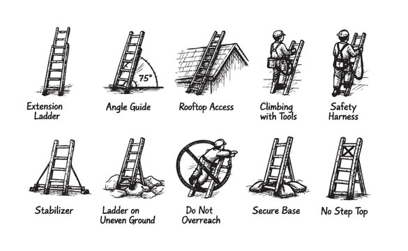 A hand-drawn illustration showing various aspects of ladder safety, including angle guides, rooftop access, secure base and proper climbing techniques.