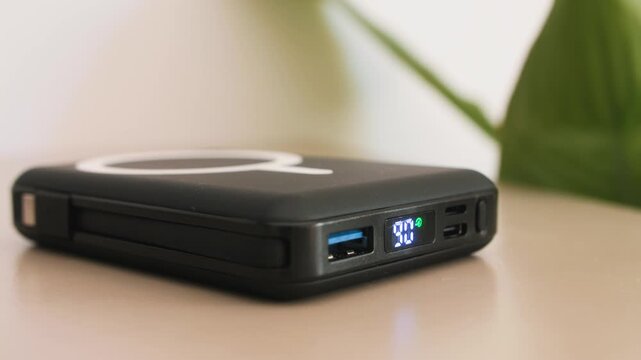 Black power bank close up footage, portable charger designed to recharge your electronic devices while you're on the go.