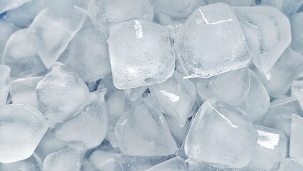 Obraz premium Top view of fresh ice cubes on blue background. Crystal clear ice cube texture with cold feeling. Crushed ice pieces creating a cool frozen background.