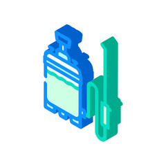 Garden pesticide sprayer isometric icon illustrating pest control, agriculture care, and chemical application for plant protection and farming with a tank and hose