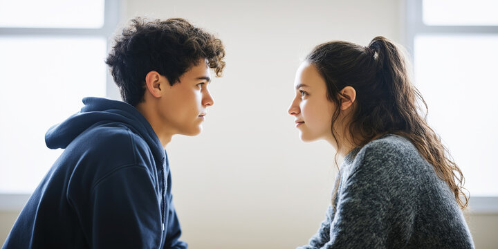 Two students, a young boy and girl, gazing at each other from the side, implying connection, education, and mutual engagement