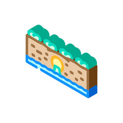 Isometric illustration creating a cross section view of a natural island landscape featuring green trees, a brown land mass, an ocean with blue water, and a hidden cave opening