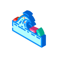 Ocean wave carrying colorful debris and pollutant trash on the water surface, symbolizing environmental problems and natural disaster impact in a vibrant isometric illustration