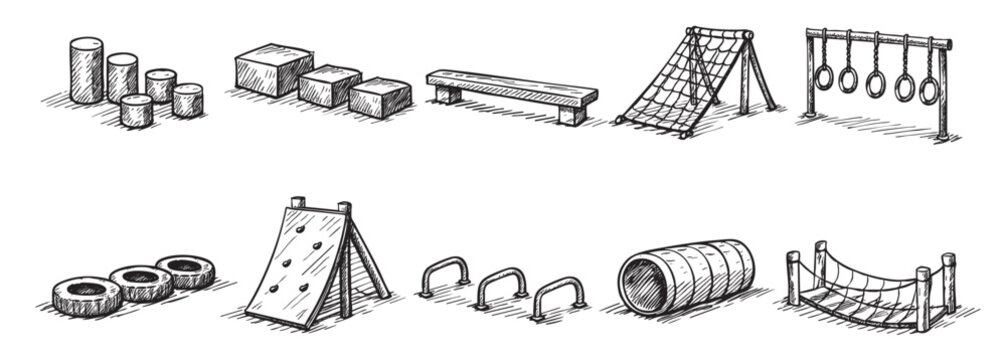 Black and white sketch illustration featuring various obstacle course elements; ideal for creative projects needing a hand-drawn aesthetic and playful graphic designs.